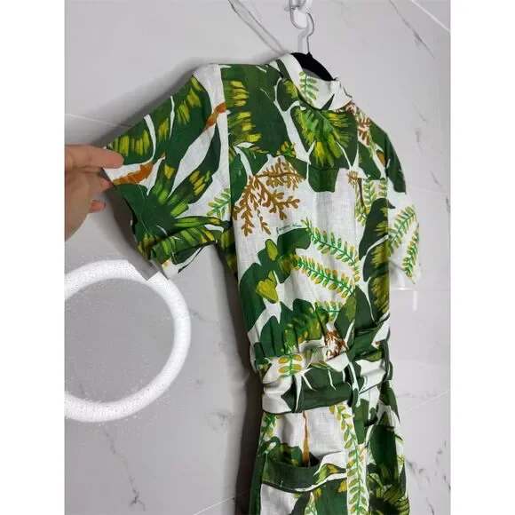 Farm Rio XXS Green white Tropical Leaf Print Jumpsuit Linen Resort Anthropologie - Picture 12 of 16
